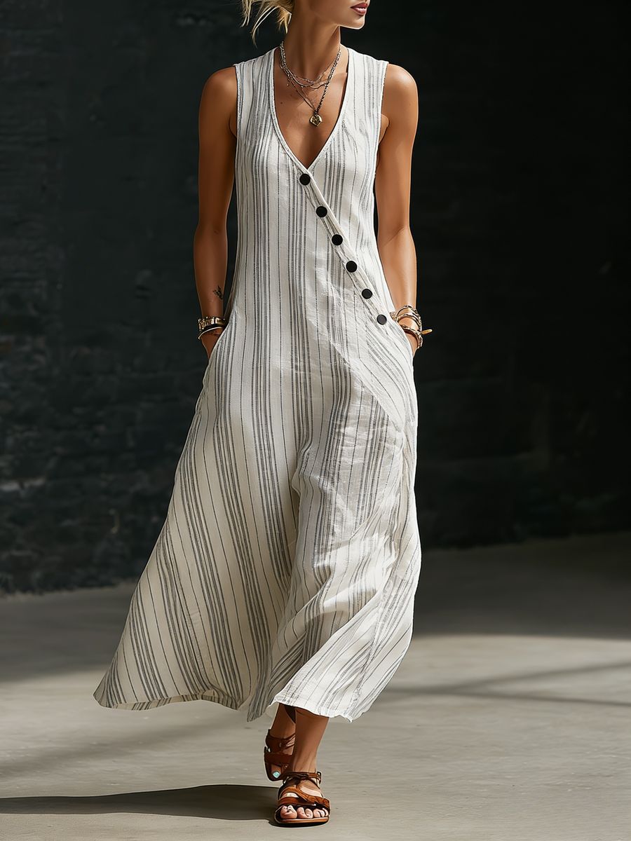 Women’s V-Neck Button-Detail Shirt and Wide-Leg Pants Set