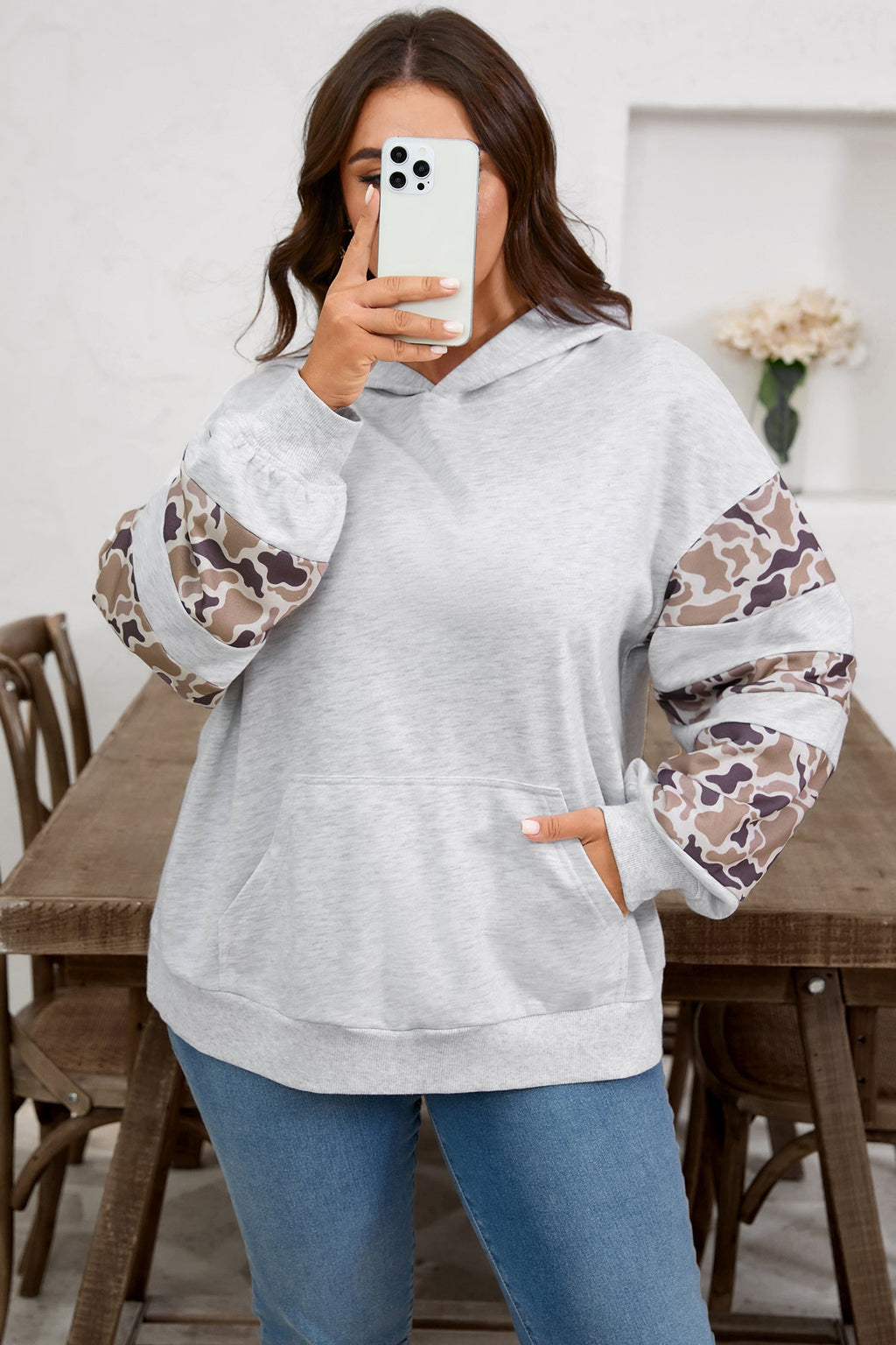 Light Grey Camouflage Patchwork Asymmetric Hoodie