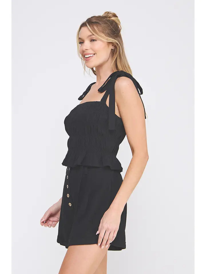 Soft Linen Smocked Tank Top with Adjustable Tie Straps in Black