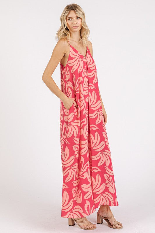 Printed V-Neck Maxi Cami Dress with Pockets