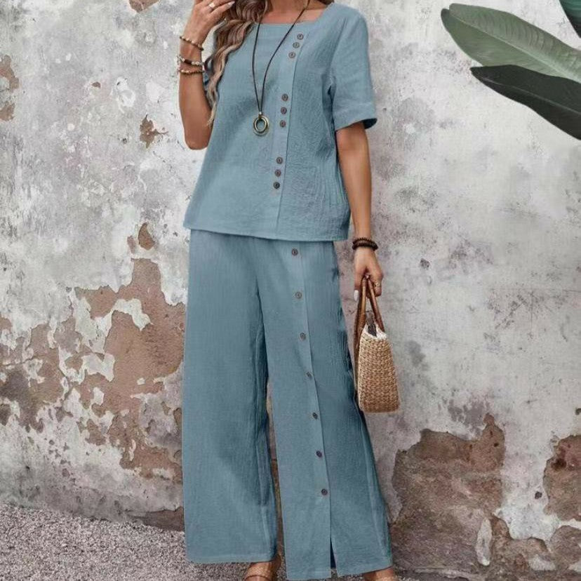 Women's Two-Piece Button-Detail Linen Blend Matching Set - Image 5