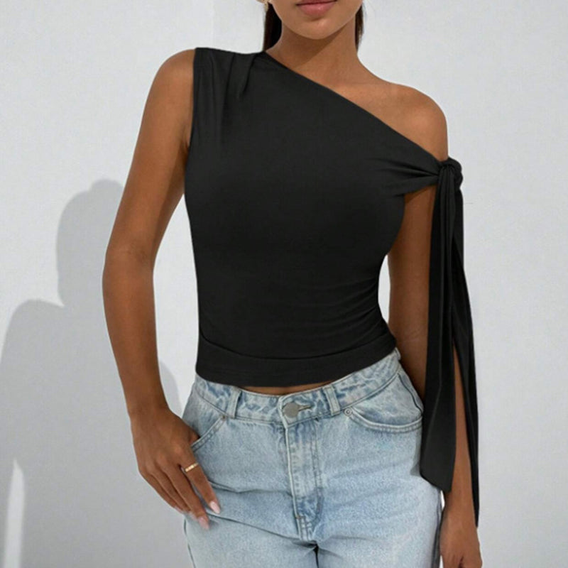 White One-Shoulder Asymmetrical Tie-Shoulder Going Out Party Top
