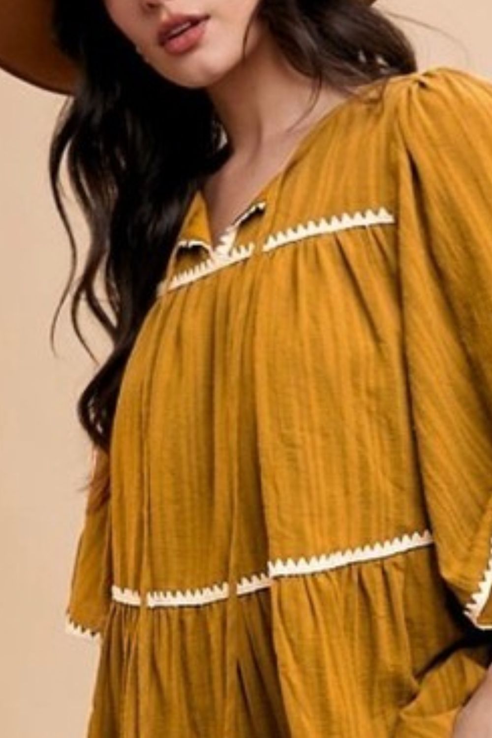 Bohemian Tassel Trim Tie Neck Half Sleeve Tiered Dress