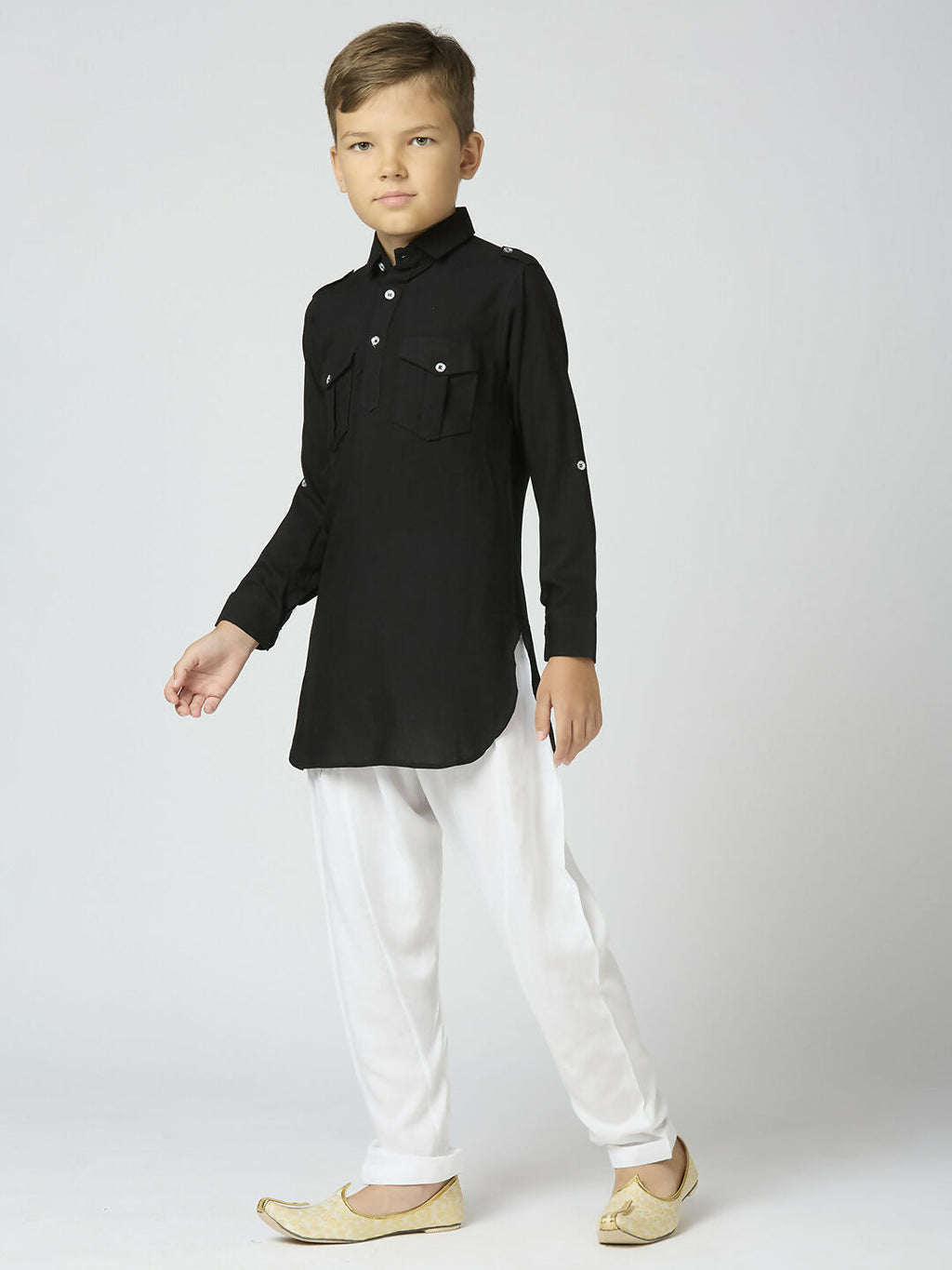 Boys Black Cotton Pathani Kurta and Pyjama Set