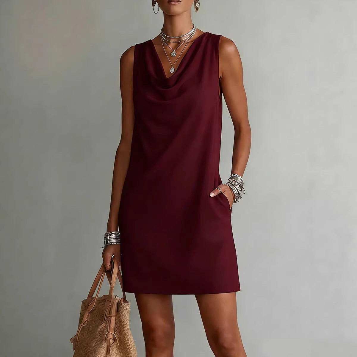Women's Cowl Neck Sleeveless Mini Dress - Casual Summer Shift - Image 3