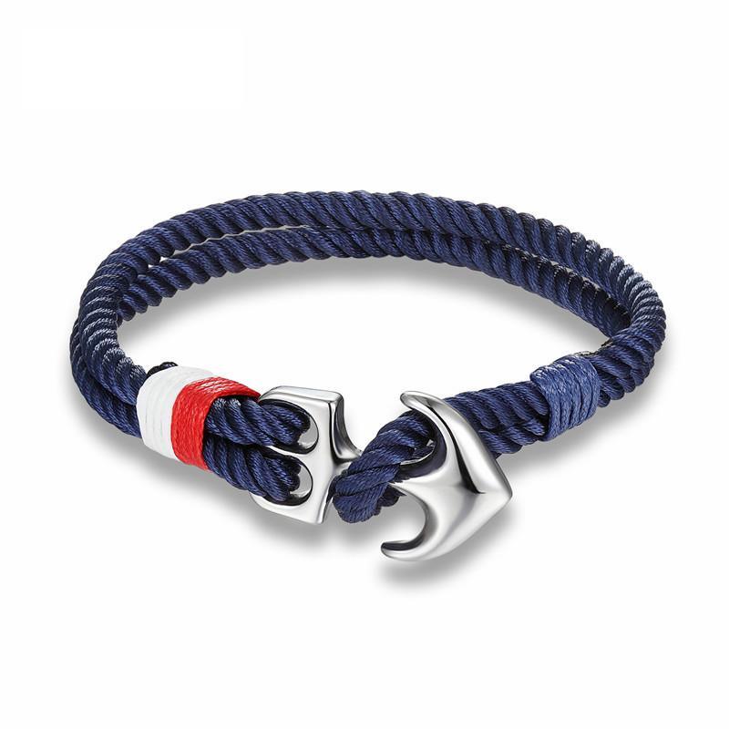 Men's nautical anchor rope bracelet featuring navy, white, and red striped cord with a polished stainless steel hook