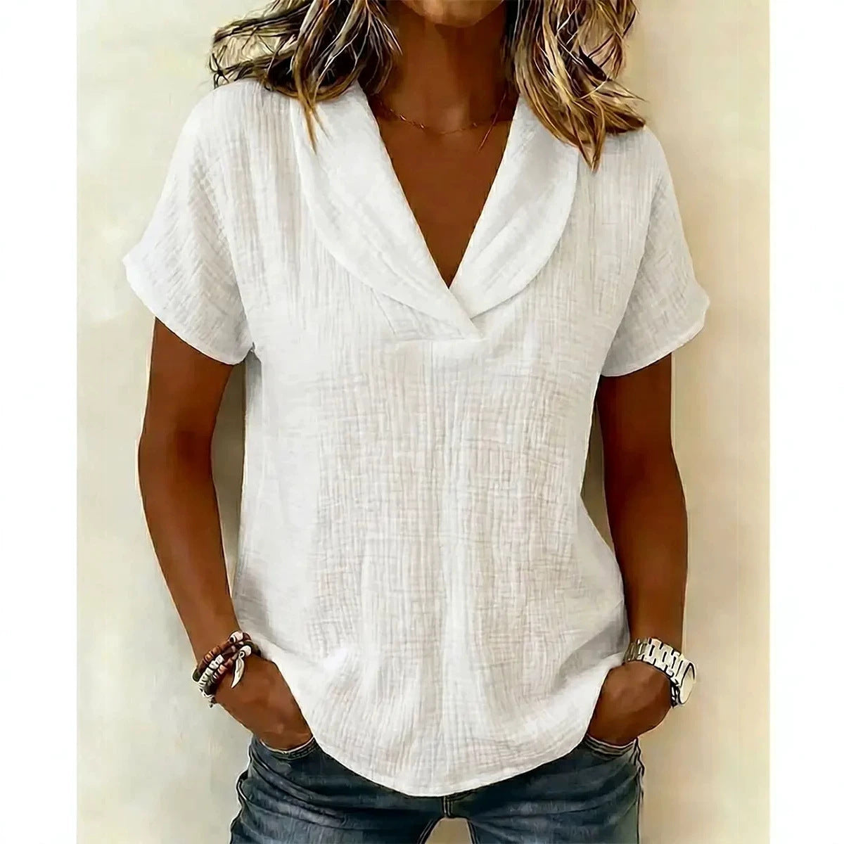 Women's Short Sleeve Butterfly Collar Top Textured Casual Blouse - Image 4