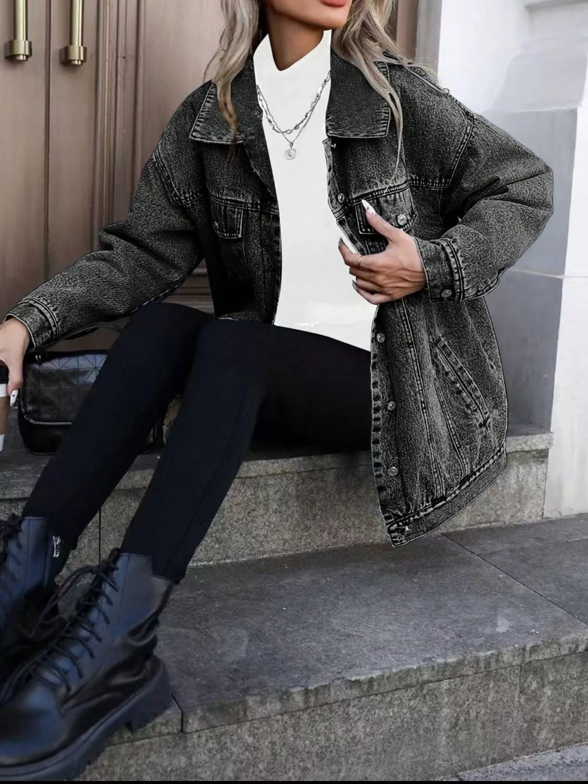 Washed Button Up Oversized Denim Jacket
