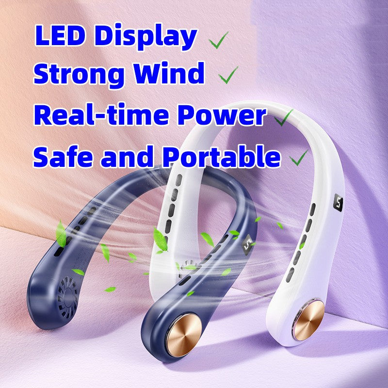 Child wearing a white portable bladeless hanging neck fan for summer outdoor activities