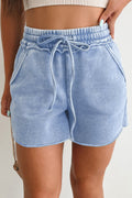 Mineral Wash Drawstring Elastic Waist Raw Cut Shorts