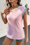 Pink Color Block Corded Knit Crew Neck Tee