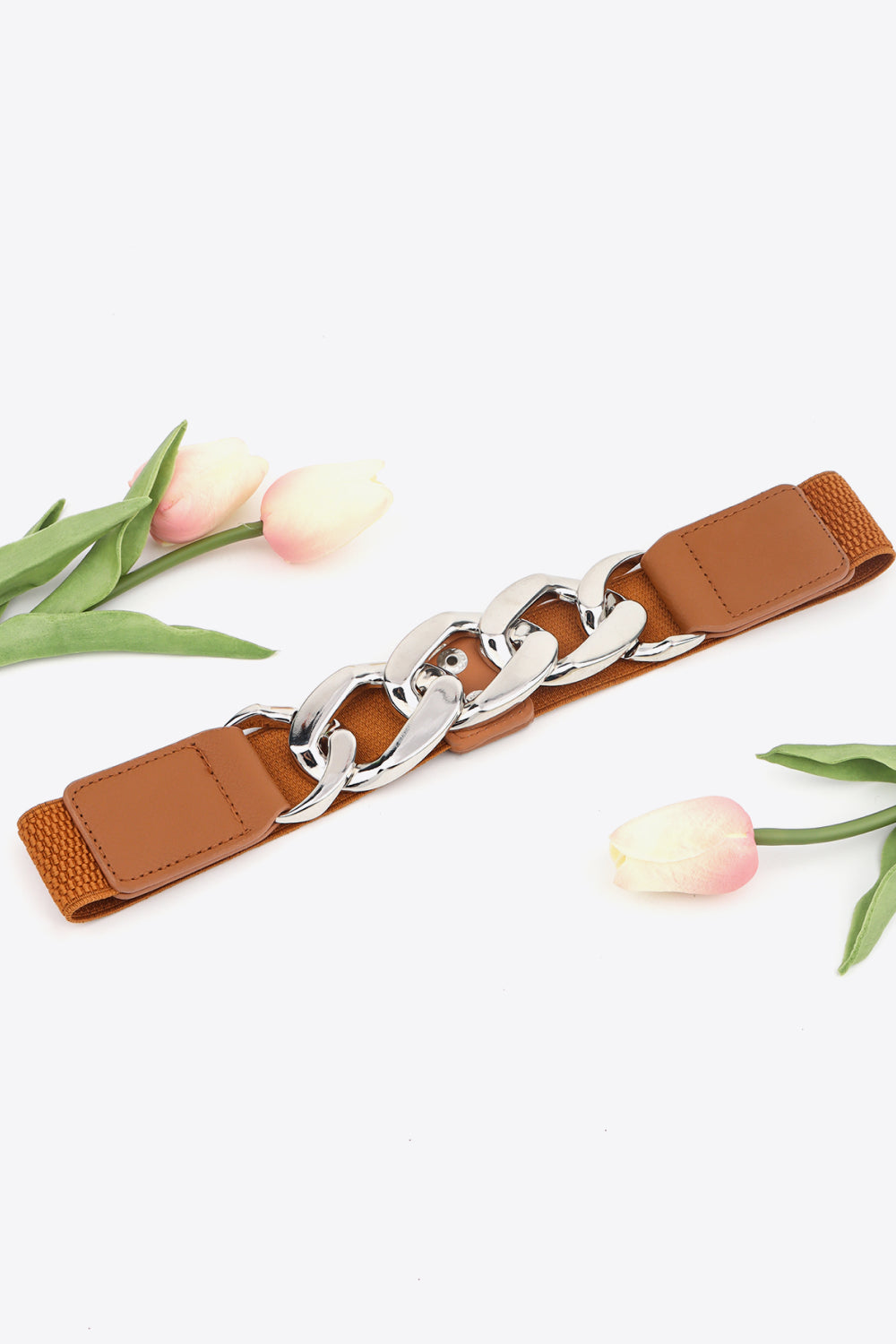 Chain Detail Elastic Belt with Alloy Buckle | PU Leather