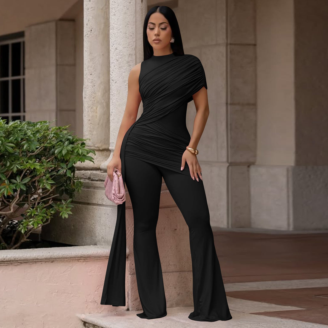 Women's Asymmetric Pleated Flare Jumpsuit High Waist One Piece - Image 5