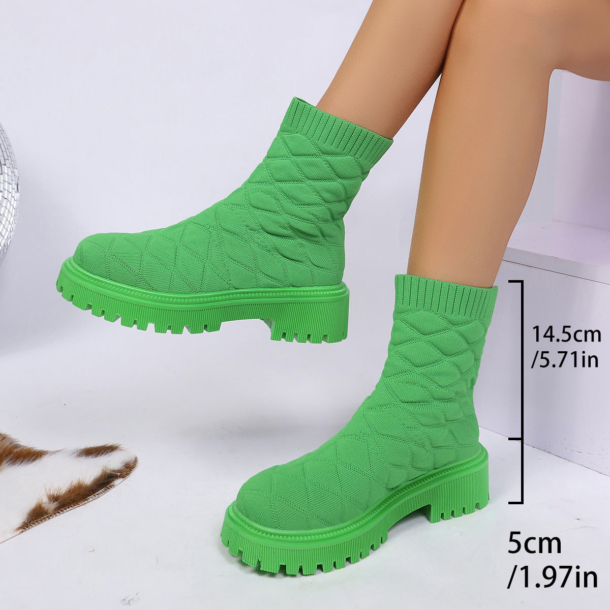 Sporty Sock Ankle Boots with Height-Increasing Square Heel