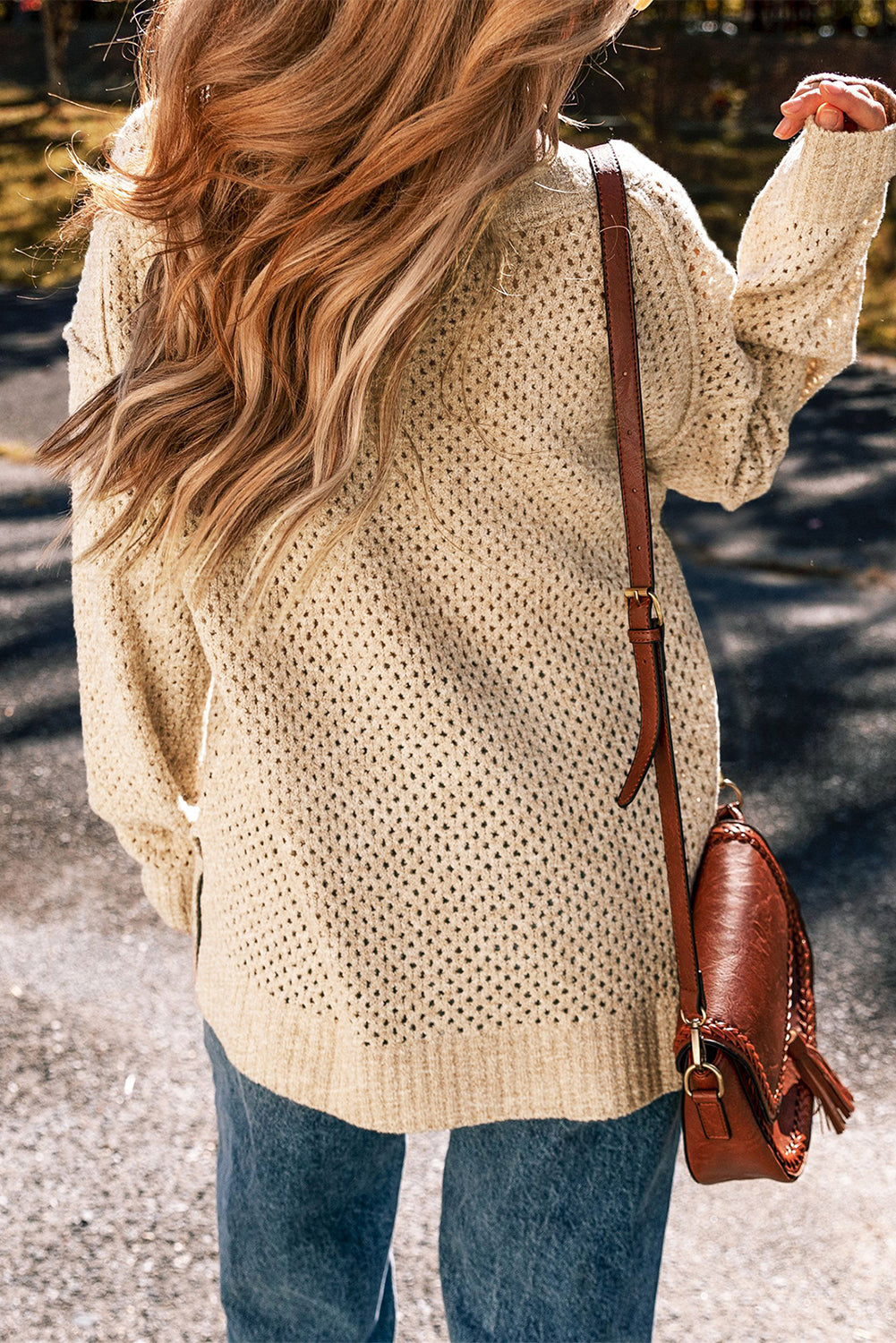 Solid Eyelet V-Neck Drop Shoulder Sweater