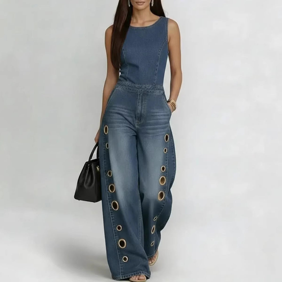 Women’s Sleeveless High-Waisted Denim Jumpsuit with Grommets - Image 2