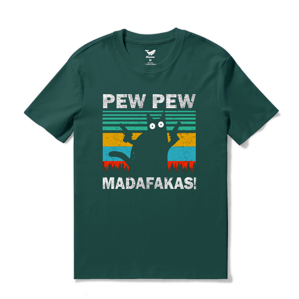 Dark green t-shirt with Pew Pew Madafakas cat print