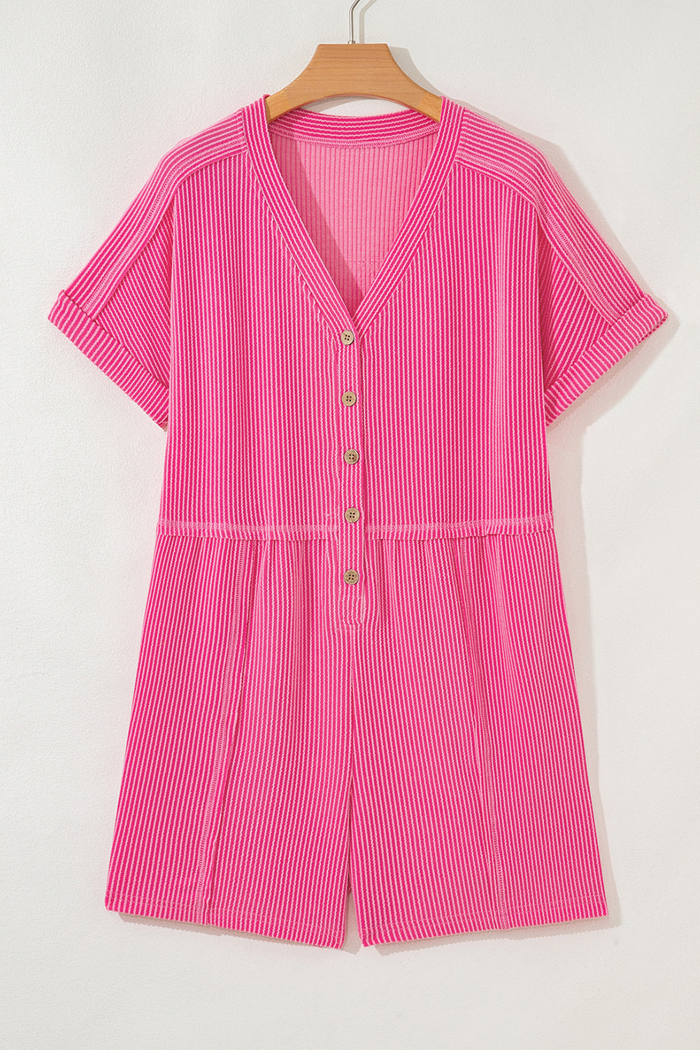 Corded Knit Buttoned V-Neck Short Sleeve Romper