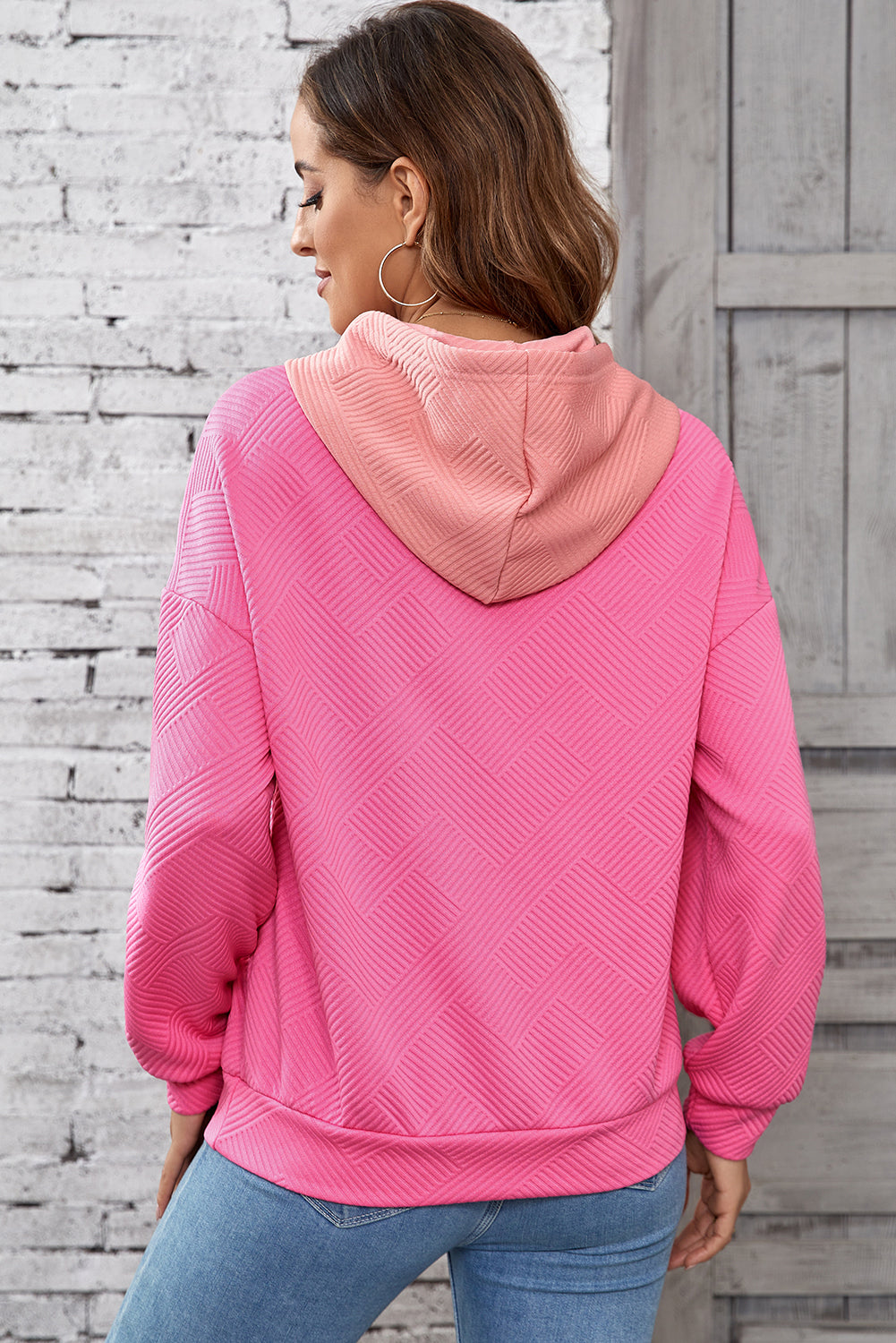 Pink Textured Color Block Drop Shoulder Kangaroo Pocket Hoodie
