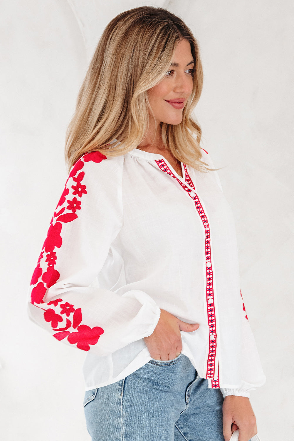 White Floral Embroidered Puff Long Sleeve Casual Shirt