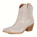 Sparkly Rhinestone Cowboy Boots Chunky Heel Western Style