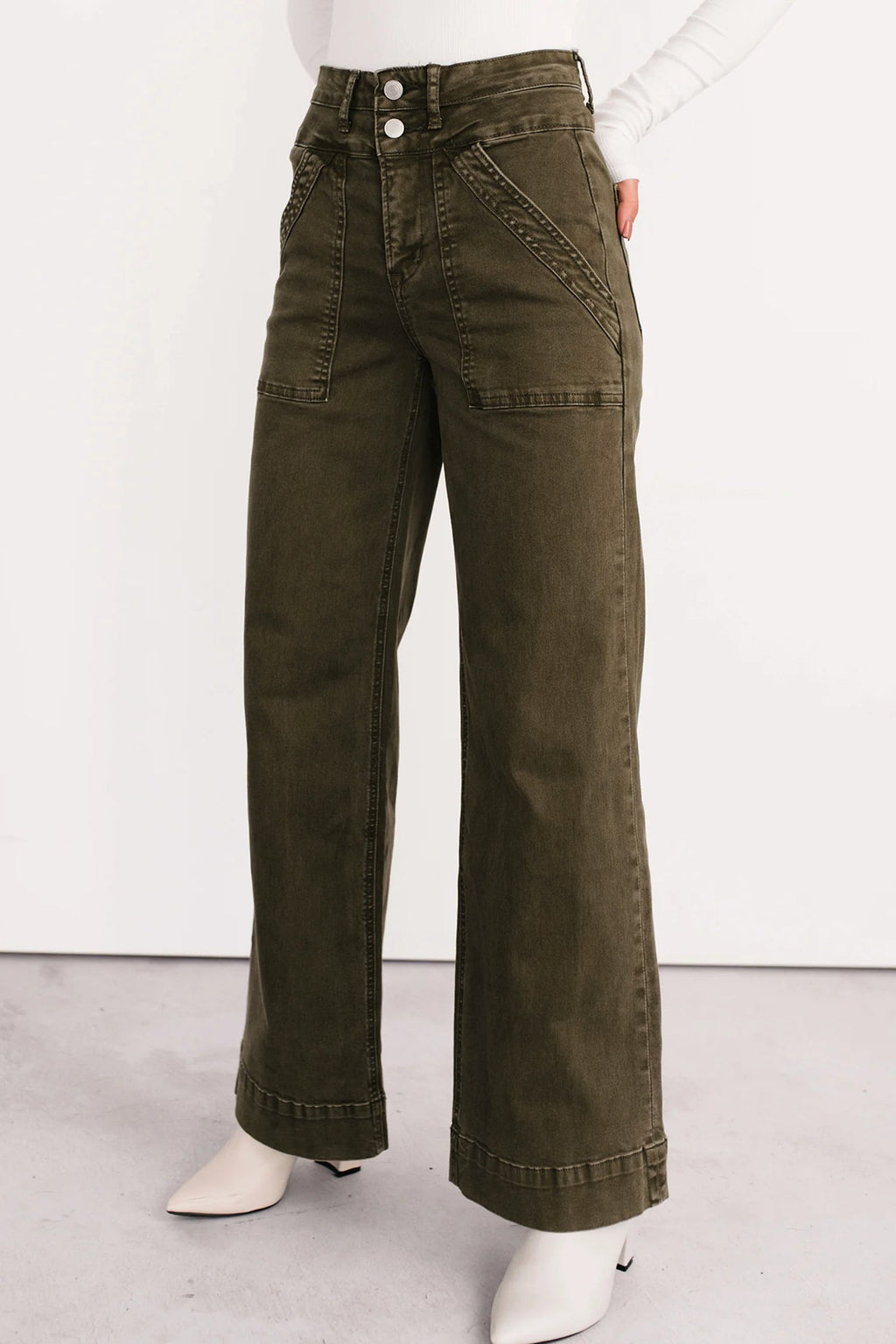 112 Jungle Green Double Waistband Loose Straight Jeans