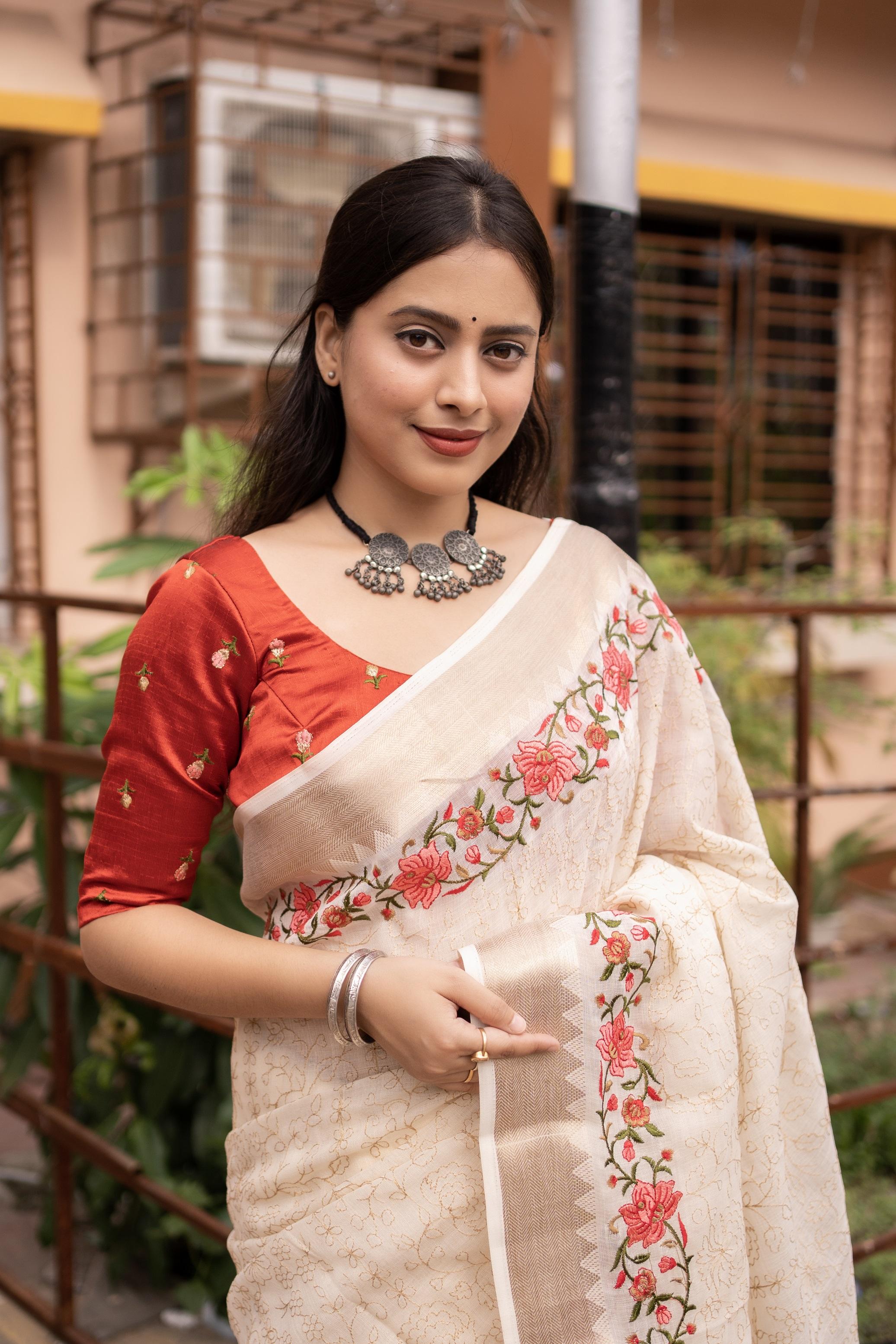 White Pure Linen Woven Design Saree with Unstitched Blouse - Hiral Fashion
