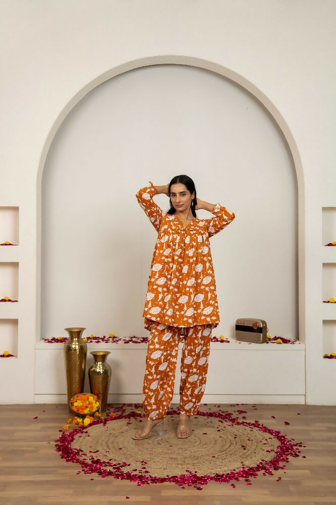 Peach Hand Block Print Cotton Kurta Set for Women