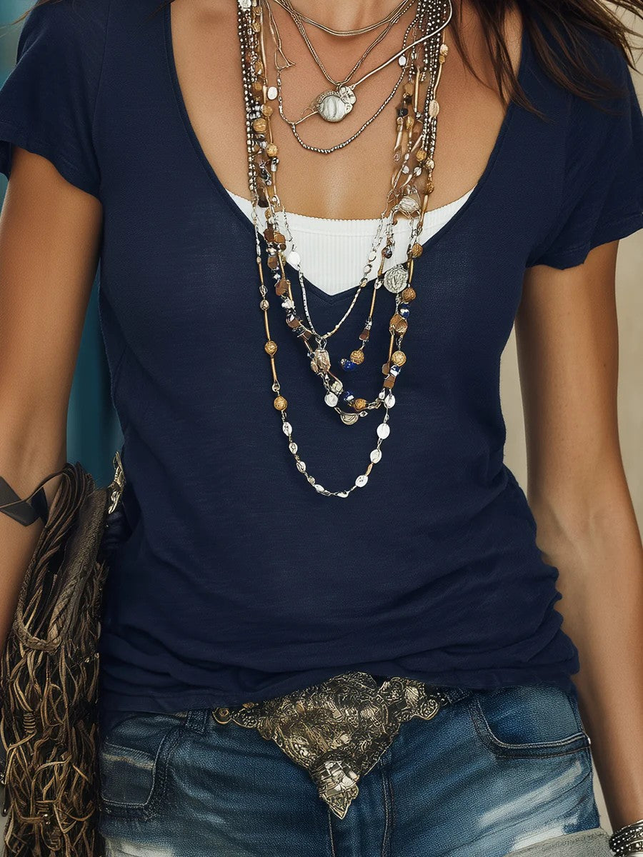 Women's Solid Color Mock Two-Piece V-Neck Short Sleeve Top - Image 8
