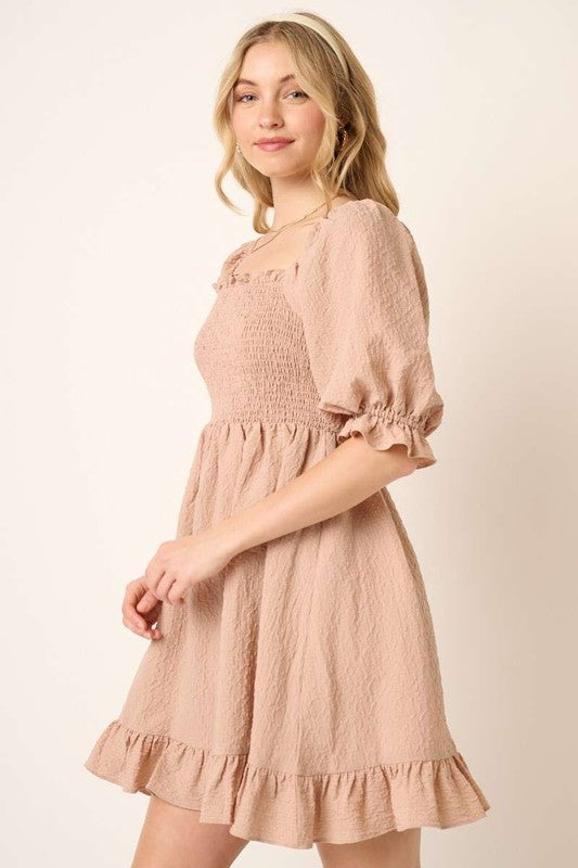 Smocked Ruffled Hem Half Sleeve Mini Dress