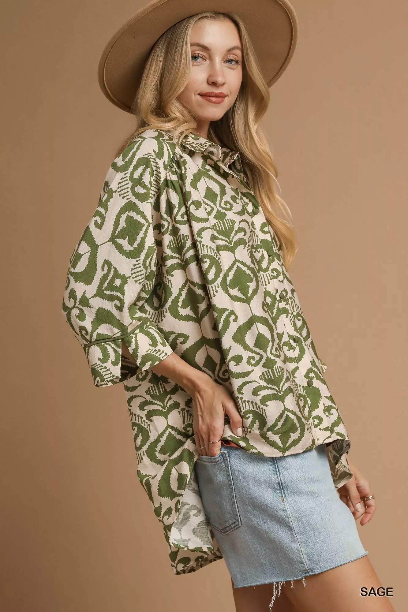 Sage Oversized Abstract Print Button-Up Shirt
