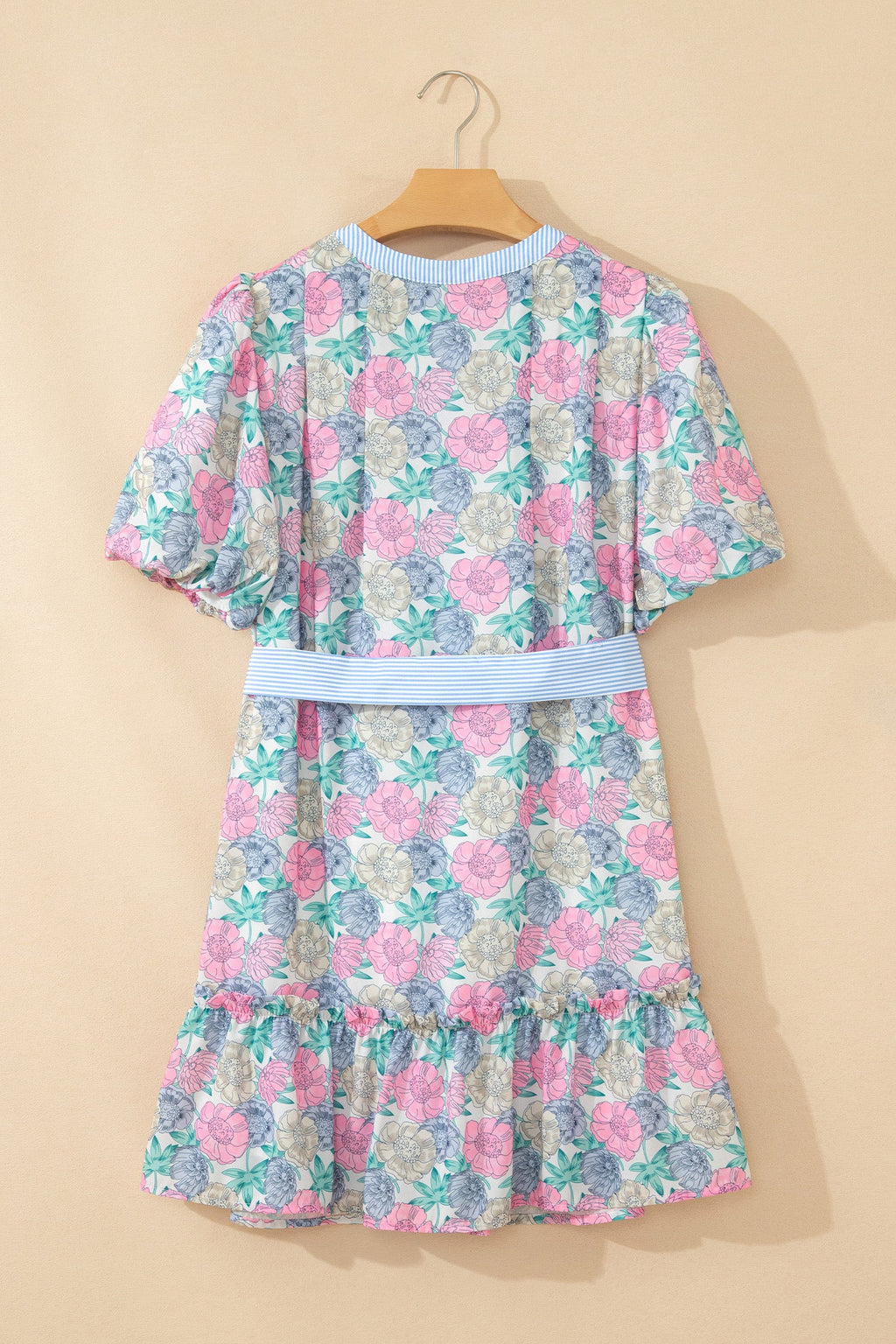 Floral Stripe Contrast Trim Belted Ruffle Mini Dress - Pink/Blue