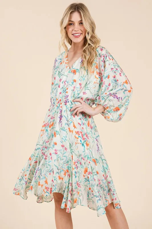 Lime 'N' Chili Floral Cinched Waist Balloon Sleeve V-Neck Dress