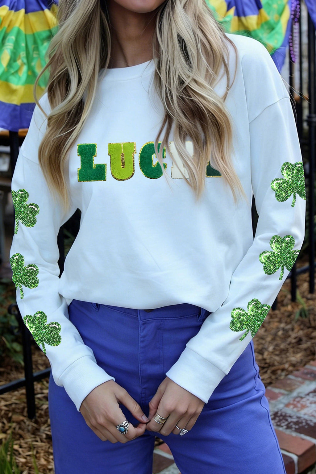 White LUCKY Chenille Letter Sequin Clover Long Sleeve Top