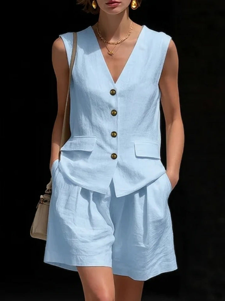 Women Cotton Linen Sleeveless Button Vest and Shorts Set - Image 8