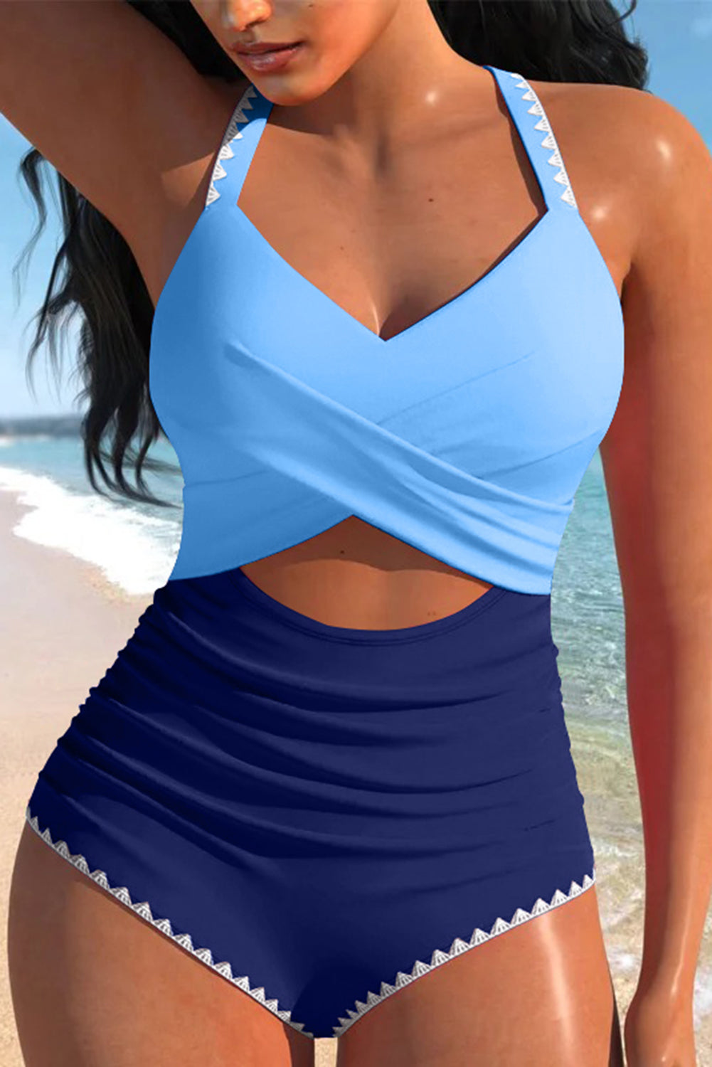 Black Ric Rac Trim Cutout One Piece Swimsuit