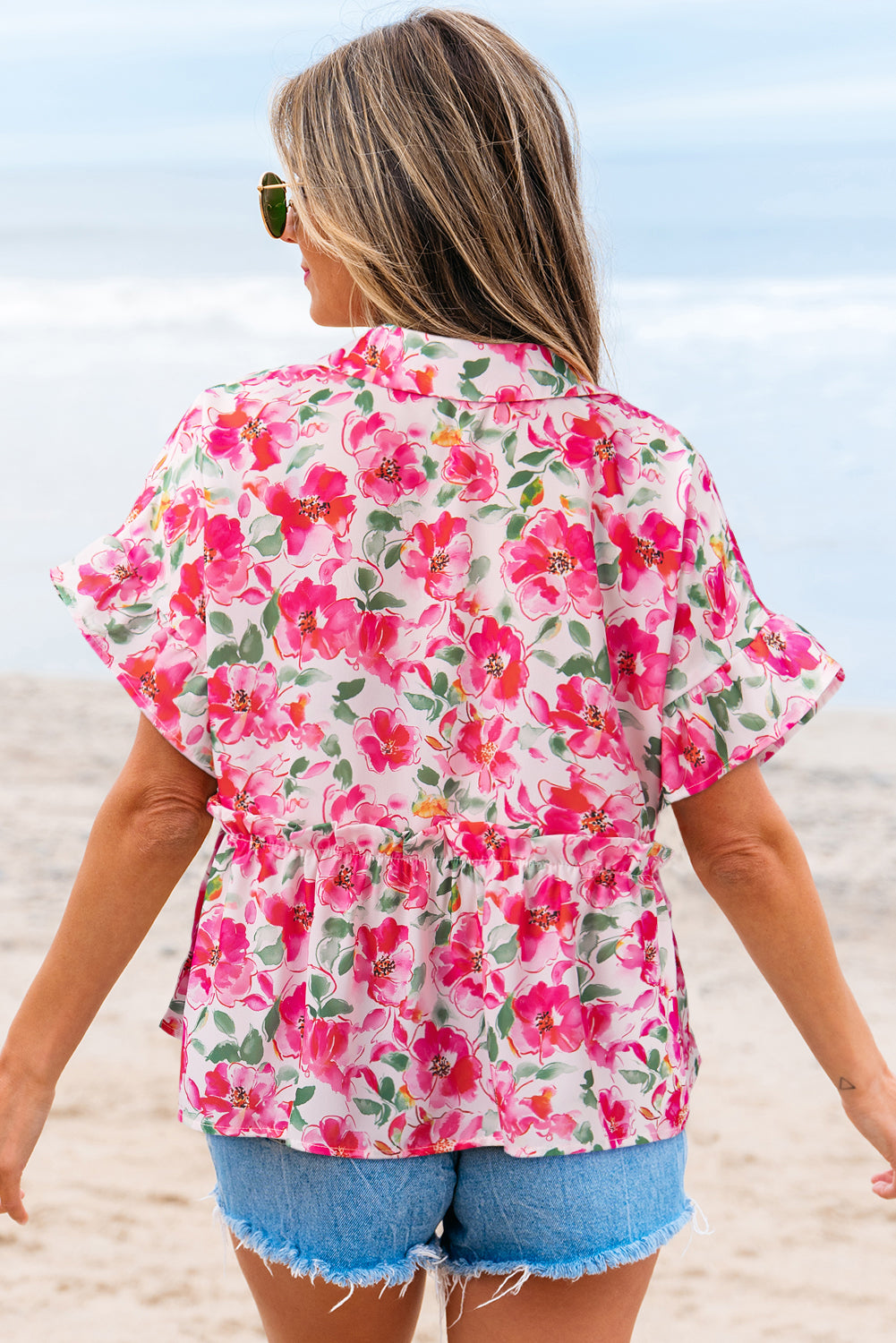 Zoya Floral Ruffled Short Sleeve V-Neck Blouse - Image 2