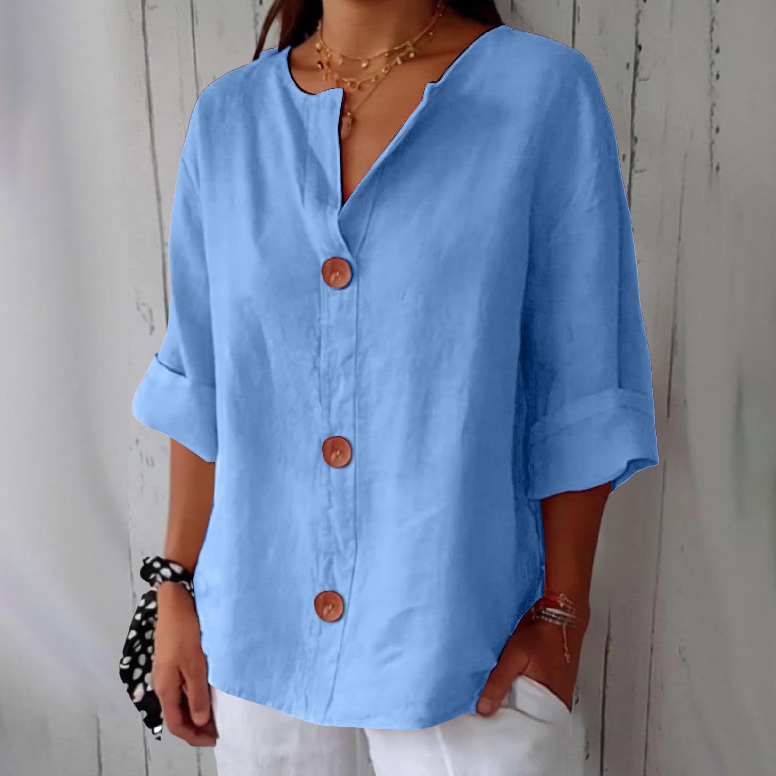 Women's V-Neck Cotton Linen Blouse with Button Front