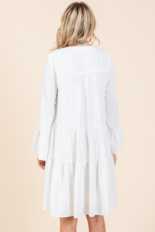 Tiered Notched Flare Sleeve Dress in White