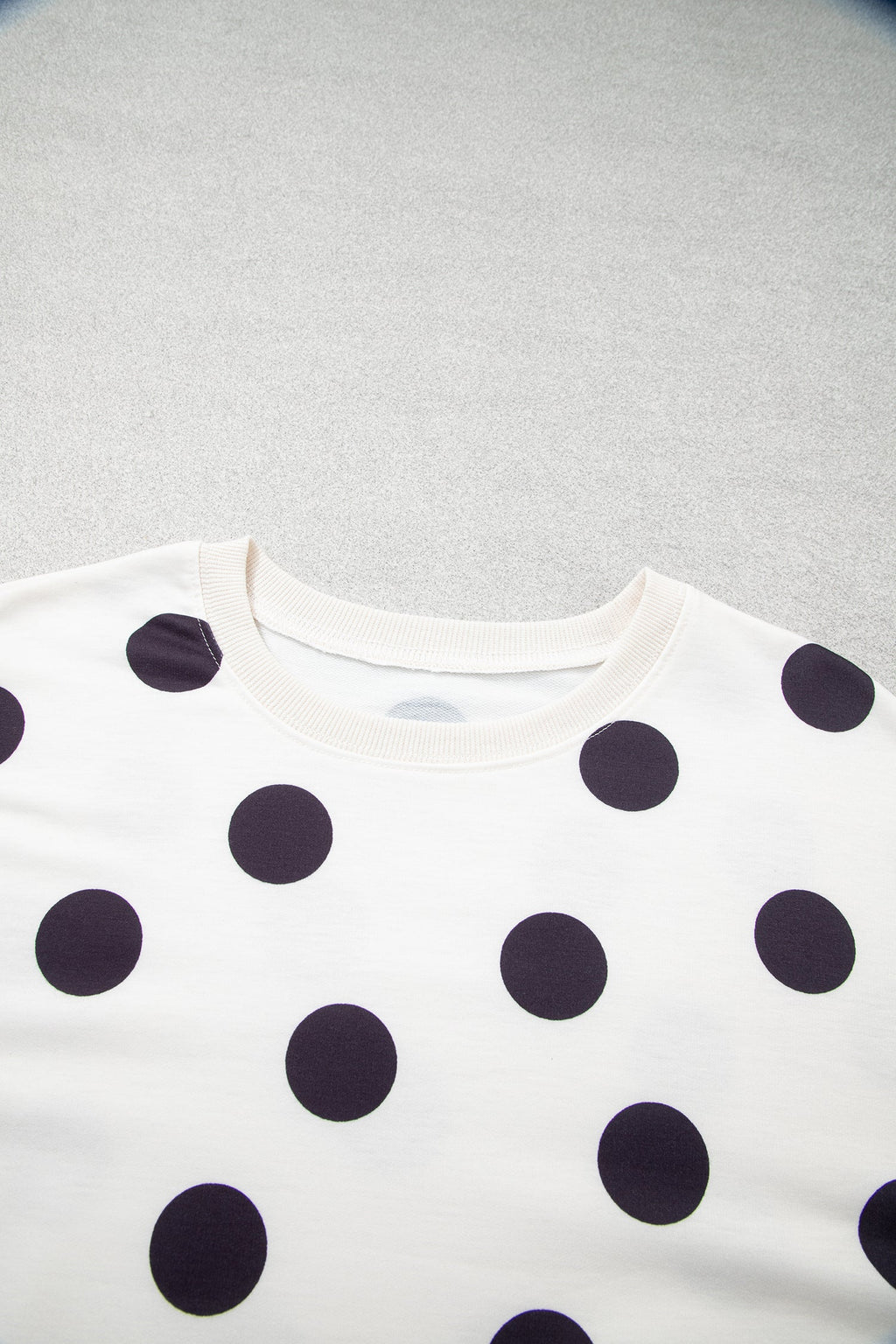 Polka Dot Ribbed Trim Round Neck Sweatshirt