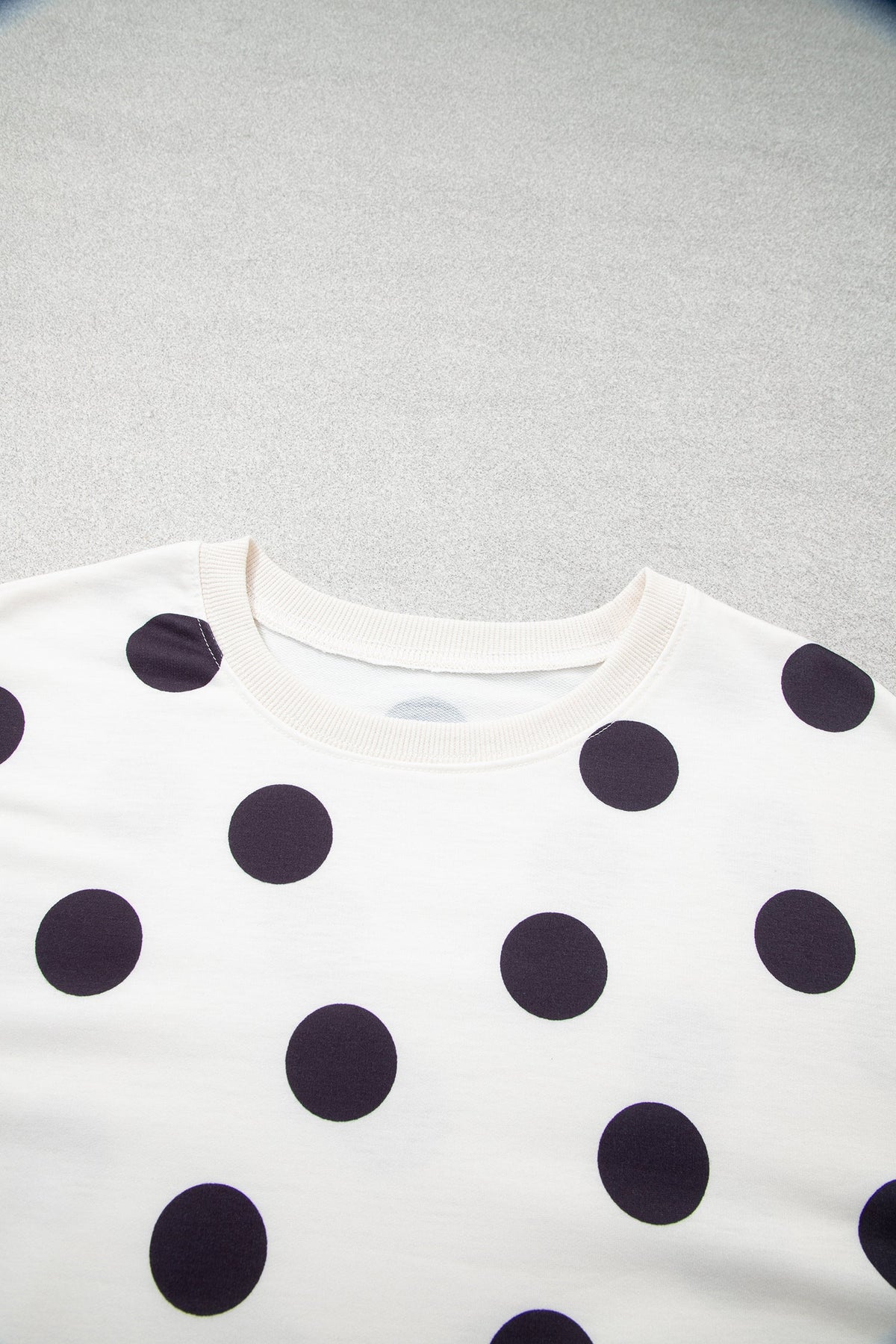 Polka Dot Ribbed Trim Round Neck Sweatshirt