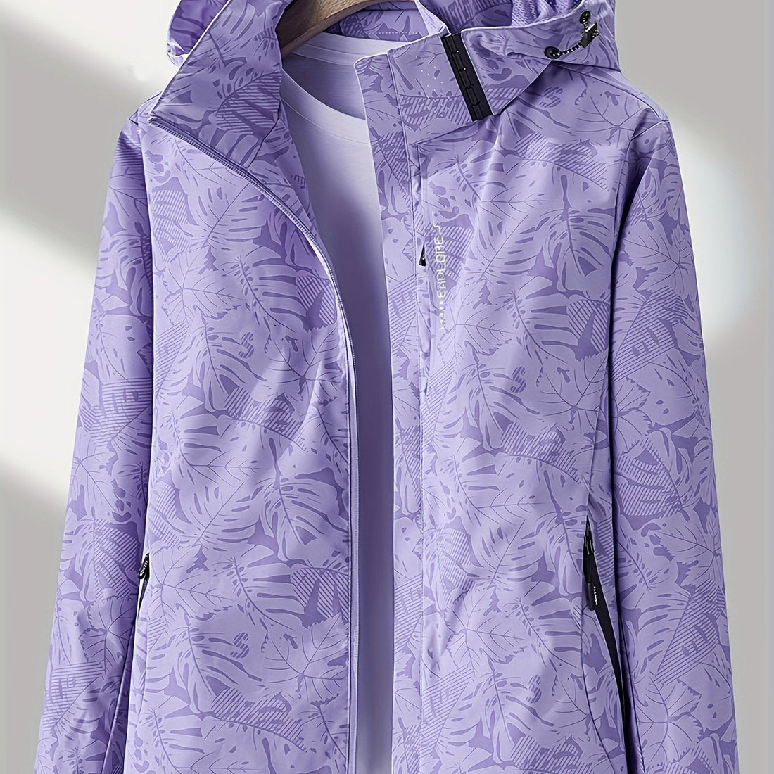 Women's Tropical Leaf Print Lightweight Windproof Hooded Jacket - Image 29
