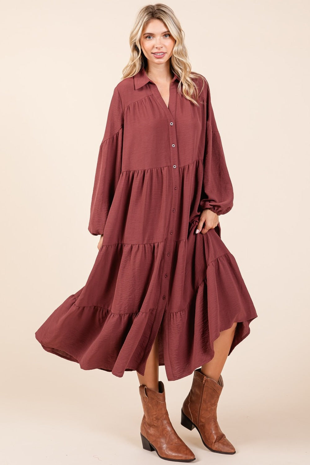 Tiered Button Down Long Sleeve Midi Dress for Women
