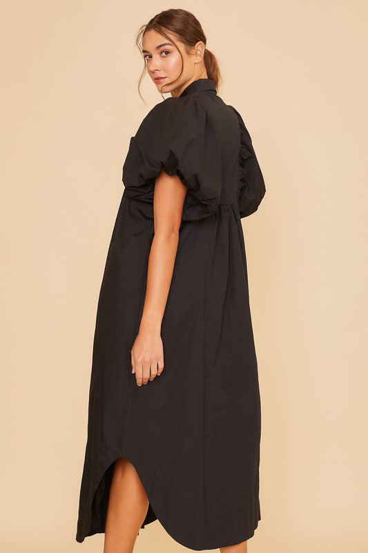 Black Puff Sleeve Midi Dress - Sophisticated Smocked Design