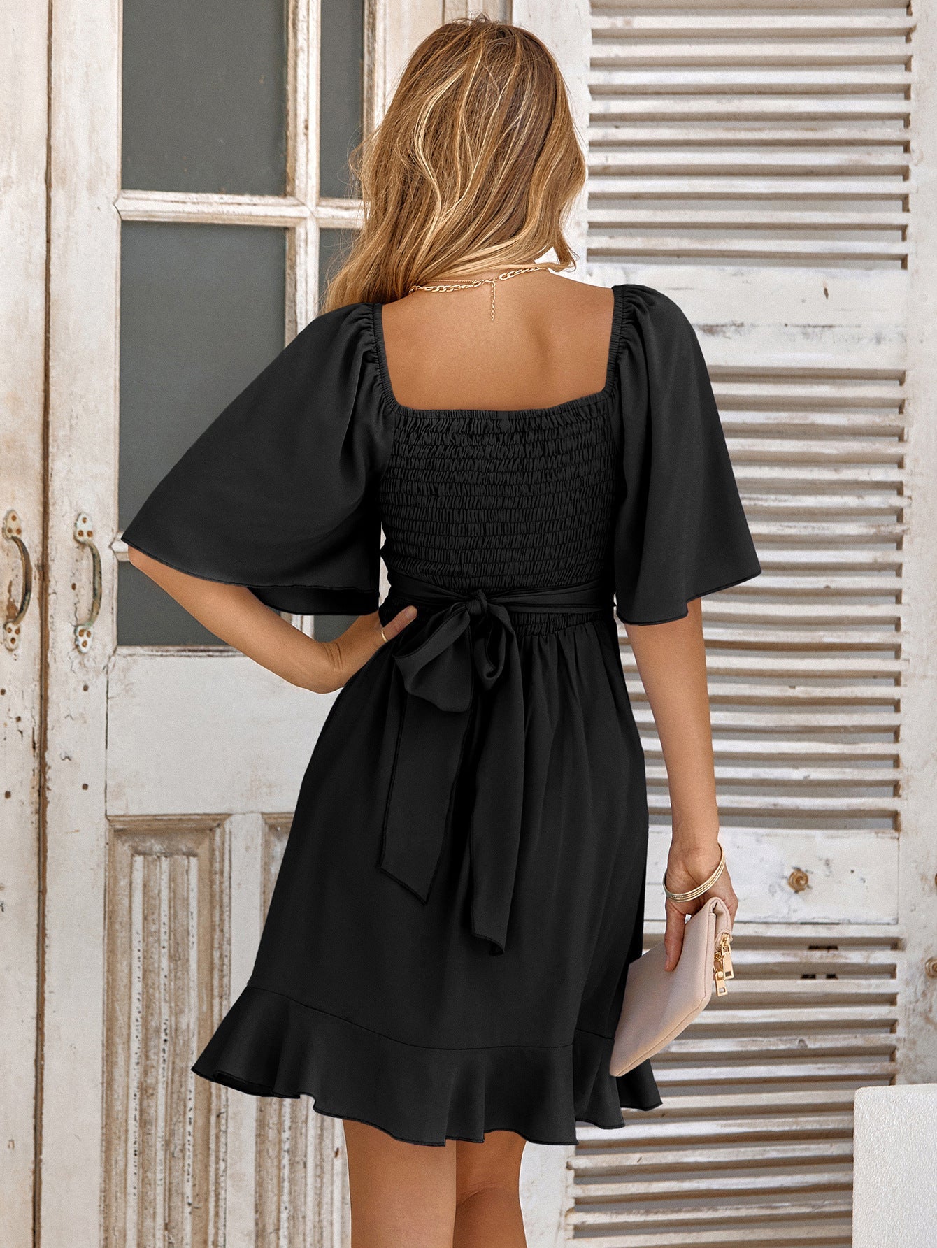 Smocked Tie Back Ruffle Hem Mini Dress | Flutter Sleeves