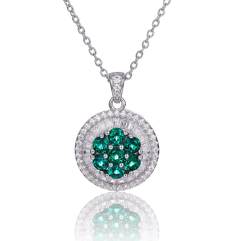 S925 Silver 3.5g 0.75ct Lab-Created Emerald Necklace, Cluster Halo Pendant, 40&5cm