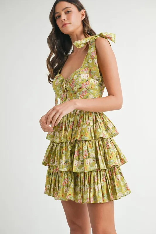 Floral Print Layered Mini Dress with Adjustable Shoulder Ties