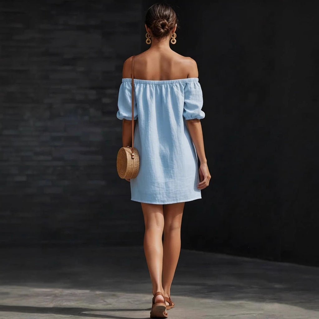 Women's Cotton Linen Off Shoulder Mini Dress with Puff Sleeves - Image 5