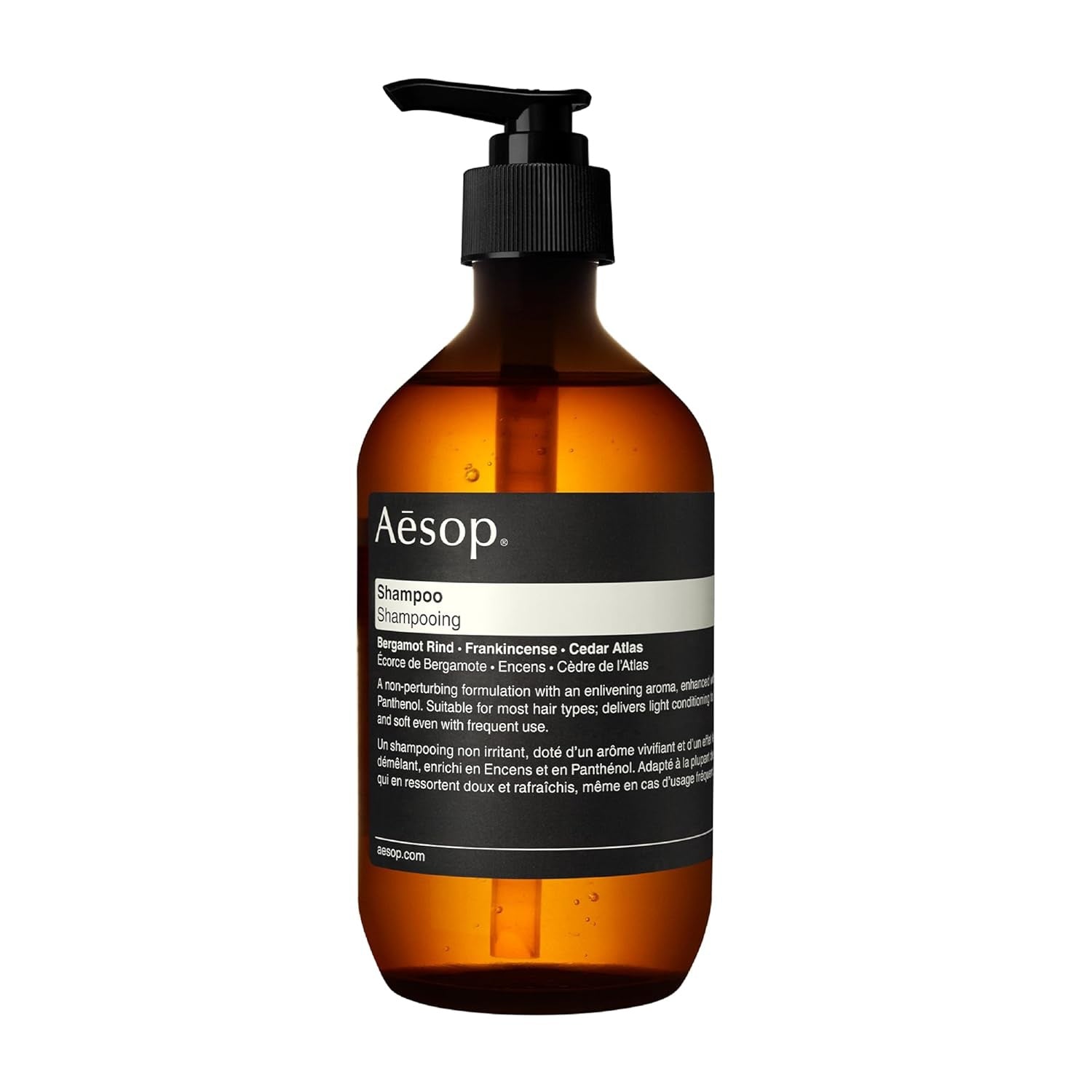 A 500 mL bottle of Aesop shampoo, an enlivening formula with Frankincense and Panthenol for soft, shiny hair.
