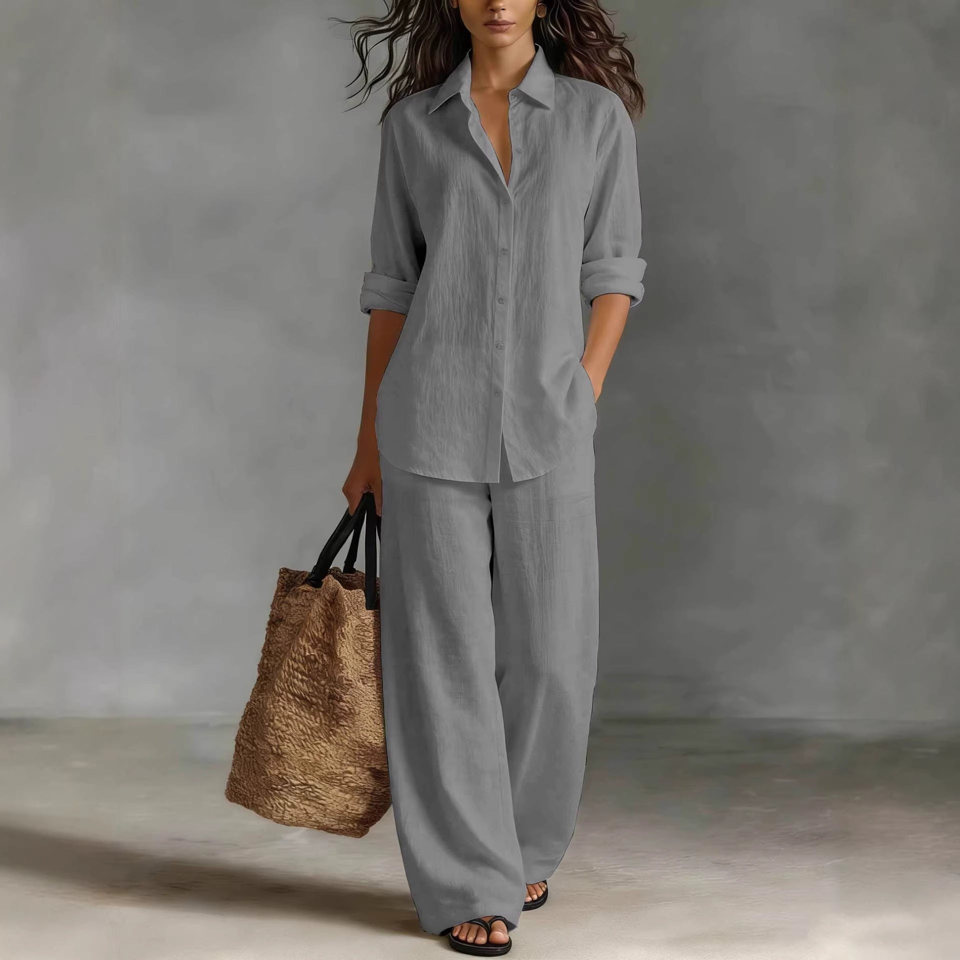 Women's Bohemian Cotton-Linen Button-Down Top and Pant Set - Image 2